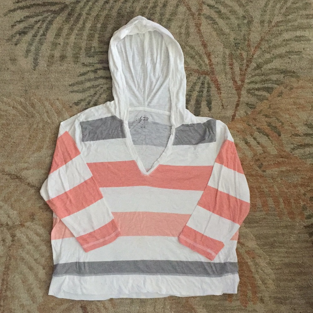 Petite Mid Sleeve V Neck Blouse w/ Hoodie